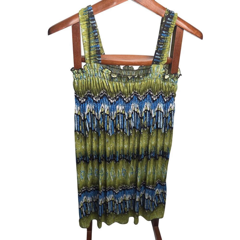 Bohemian Geometric Tribal Print Smocked Summer Dress Green Blue